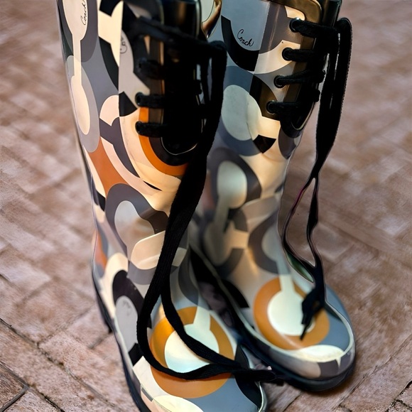 COACH “Periwinkle” Geometric Rain Boots Black Multi Size 10 - Picture 5 of 6